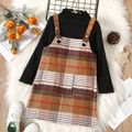2-piece Toddler Girl Lettuce Trim Long-sleeve Black Top and Plaid Overall Dress set Khaki
