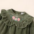 Baby Girl Floral Embroidered Solid Long-sleeve Ruffle Romper Dark Green