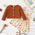 2pcs Baby Girl Brown Ribbed Long-sleeve Button Top and Floral Print Sleeveless Dress Set Color block