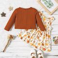 2pcs Baby Girl Brown Ribbed Long-sleeve Button Top and Floral Print Sleeveless Dress Set Color block
