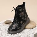 Toddler / Kid Black Floral Print Side Zipper Perforated Lace-up Boots Black