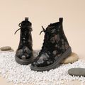 Toddler / Kid Black Floral Print Side Zipper Perforated Lace-up Boots Black