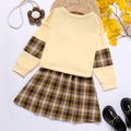 2-piece Kid Girl Bear Embroidered Plaid Sweatshirt and Plaid Skirt Set Apricot