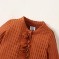 Baby Girl Print/Solid Ribbed Long-sleeve Ruffle Zip Jumpsuit Brown