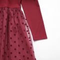 Kid Girl Polka dots Mesh Design Ribbed Long-sleeve Dress Burgundy