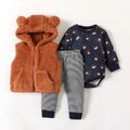 3pcs Baby Boy/Girl Fuzzy Fleece Vest and Bear Print Romper with Striped Trousers Set Brown