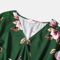 All Over Floral Print Dark Green V Neck Long-sleeve Belted Dress for Mom and Me Dark Green