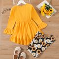 2-piece Kid Girl Bowknot Design Ruffled Long Bell sleeves High Low Top and Floral Print Leggings Set Yellow