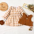 2pcs Baby Girl Plaid Doll Collar Long-sleeve Dress and Brown Textured Vest Set Color block