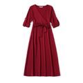Family Matching Wine Red V Neck Long-sleeve Dresses and Raglan-sleeve T-shirts Sets Burgundy
