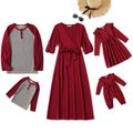 Family Matching Wine Red V Neck Long-sleeve Dresses and Raglan-sleeve T-shirts Sets Burgundy