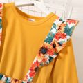 2-piece Kid Girl Long-sleeve Yellow Tee and Ruffled Floral Print Overall Dress Set Multi-color