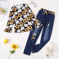 2-piece Kid Girl Floral Print Layered Sleeve Top and Patchwork Belted Denim Jeans Set Multi-color