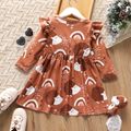 Toddler Girl Ruffled Animal Hedgehog Rainbow Print Long-sleeve Brown Dress Brown
