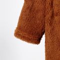 2pcs Kid Girl Ribbed Tee and Bowknot Button Design Skirt Set/ Heart Print Mock Neck Tee/ Hooded Fleece Coat Brown image 4