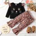 2pcs Baby Girl Cartoon Cat Print Black Long-sleeve T-shirt and Leopard Bell Bottom Pants Set Black