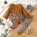 100% Cotton 3pcs Baby Girl Leopard Splicing Black Long-sleeve Ruffle Romper and Pants Set Brown image 1