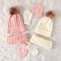 3-pack Baby / Toddler Pompon Decor Pure Color Cable Knit Beanie Hat and Scarf and Mittens Set White