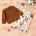3pcs Baby Girl Solid Long-sleeve Cable Knit Pullover and All Over Floral Print Trousers Set Coffee