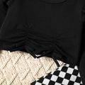 2-piece Toddler Girl Ruffled Bowknot Design Long-sleeve Black Crop Top and Plaid Slit Flared Pants Set Black