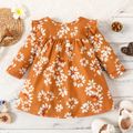 Baby Girl All Over Floral Print Brown Long-sleeve Ruffle Dress Brown