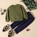 2pcs Letter Print Long-sleeve White or Green or Black Pullover Top and Dark Blue Jeans Toddler Set Dark Green