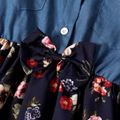 Kid Girl Ruffle Collar Button Design Floral Print Denim Splice Long-sleeve Dress Navy