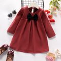 Solid Bow Decor Pleated Long-sleeve Red Toddler Dress Cameo brown