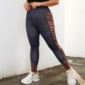 Women Plus Size Sporty Side Leopard Print Leggings Dark Blue