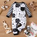 Baby Boy All Over Cartoon Elephant Print Striped Long-sleeve Jumpsuit Color block image 1