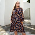 Women Plus Size  Casual Floral Print Round-collar Long-sleeve Dress Dark Blue