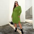 Women Plus Size Basics Round-collar Ruched Side Slit Long-sleeve Dress Army green