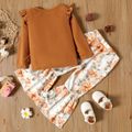 2-piece Toddler Girl Letter Print Ruffled Long-sleeve Top and Floral Print Flared Pants Set Brown