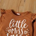 2-piece Toddler Girl Letter Print Ruffled Long-sleeve Top and Floral Print Flared Pants Set Brown