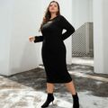 Women Plus Size Elegant Hollow out Front Long-sleeve Black Dress Black