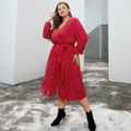 Women Plus Size Vacation Polka dots Surplice Neck Belted Long-sleeve Wrap Dress Red