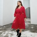 Women Plus Size Vacation Polka dots Surplice Neck Belted Long-sleeve Wrap Dress Red