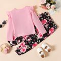 2-piece Toddler Girl Letter Print Ruffled Tie Knot Long-sleeve Top and Floral Print Pants Set Pink