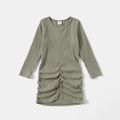 Solid V Neck Ruched Front Long-sleeve Mini Bodycon Dress for Mom and Me Army green