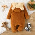 Baby Boy Brown Thickened Fuzzy Fleece Cartoon Bear 3D Ears Hooded Long-sleeve Button Jumpsuit Brown