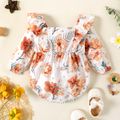 Baby Girl Solid Brown/White Floral Print Square Neck Long-sleeve Ruffle Romper White