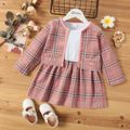 2-piece Toddler Girl Plaid Splice Fuzzy Long-sleeve Dress and Cardigan Set Pink