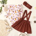 100% Cotton 3pcs Baby Girl Floral Print Long-sleeve Romper and Solid Suspender Skirt Set Multi-color