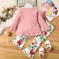 2-piece Toddler Girl Ruffled Bowknot Design Long Bell sleeves Ribbed Pink Top and Floral Print Flared Pants Set Pink