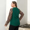 Women Plus Size Casual Leopard Print Raglan Sleeve Top Dark Green