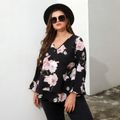 Women Plus Size Elegant Floral Print V Neck Long-sleeve Blouse Black