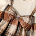 Toddler Girl Faux-two Bowknot Design Plaid Splice Long-sleeve Dress Khaki