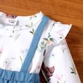 Baby Girl Animal and Plant Print Long-sleeve Splicing Imitation Denim Skirted Romper Color block