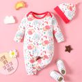 2-piece Baby Girl 100% Cotton Cloud Stars Print Long-sleeve Jumpsuit and Knotted Cap Set WineRed