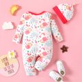 2-piece Baby Girl 100% Cotton Cloud Stars Print Long-sleeve Jumpsuit and Knotted Cap Set WineRed